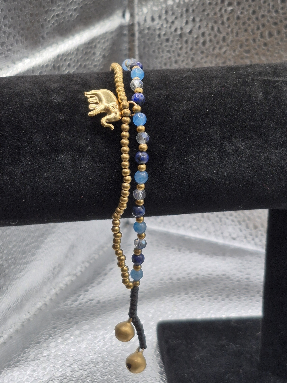 Gold Elephant Charm Bracelet with Genuine Blue  Gemstone Beads
